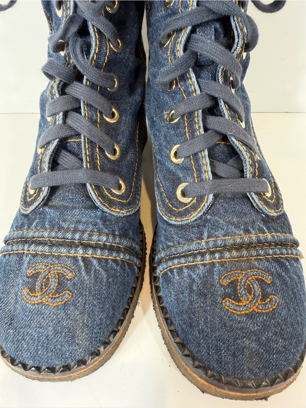 CHANEL Denim Lace Up Ankle Boots CC Logo Size 10 EU 40 Blue Jean Boots - Picture 10 of 13